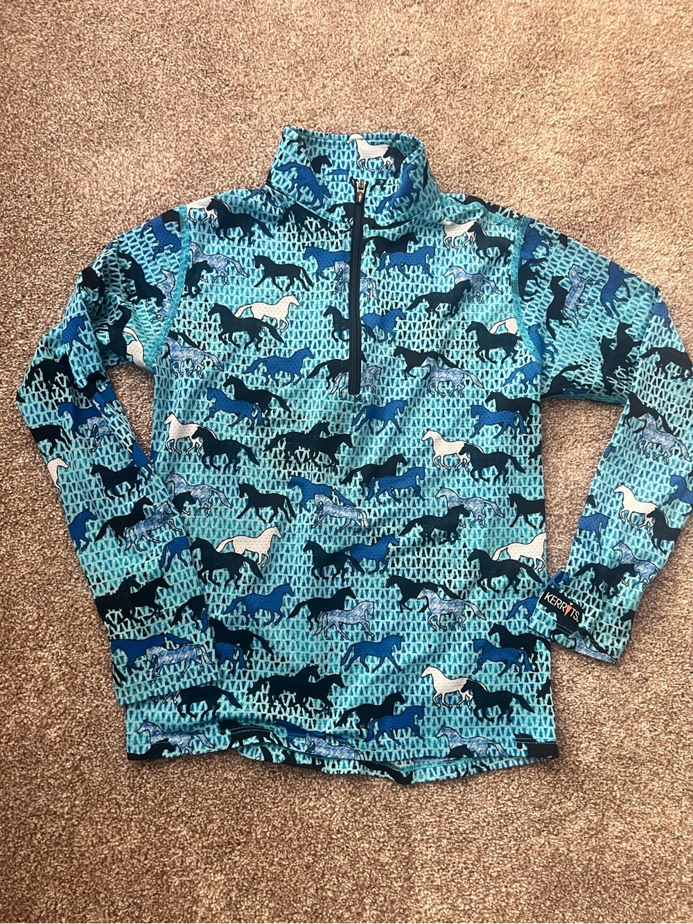 Kerrits Blue, Black & White Horse Print Long Sleeve Lightweight Riding Shirt